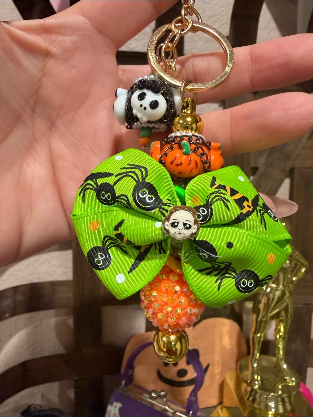 Green Spider Bow Keychain with Character Charms